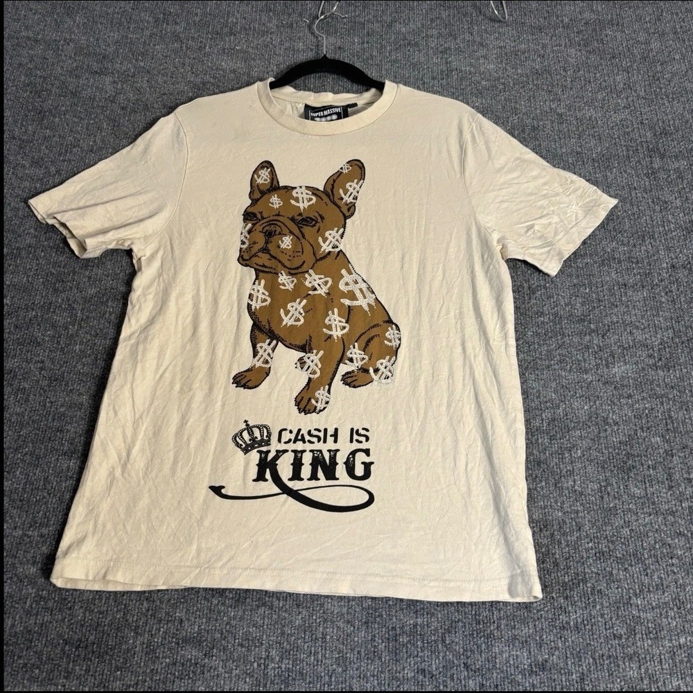 Super Massive T-Shirt Mens Small Cream Frenchie Cash Is King Rhinestone Graphic